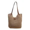 Beige crochet bag with brown leather handle hand-woven casual shoulder bag Item Picture
